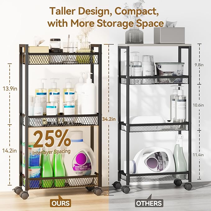 YASONIC Slim Rolling Storage Cart, Metal 3 Tier Bathroom Storage Organizer Laundry Room Utility Cart for Kitchen, Bthroom, Makeup, Craft, Laundry Narrow Places, Black
