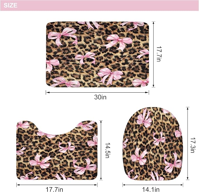 4 PCS Leopard Print Bow Shower Curtain Set 72Wx72H,Toilet Lid Cover,Non-Slip Rugs and U-Shaped Mat,Girly Pink Cheetah Bathroom Sets with Rugs Shower Accessories 12 Hooks for Bathroom Decor