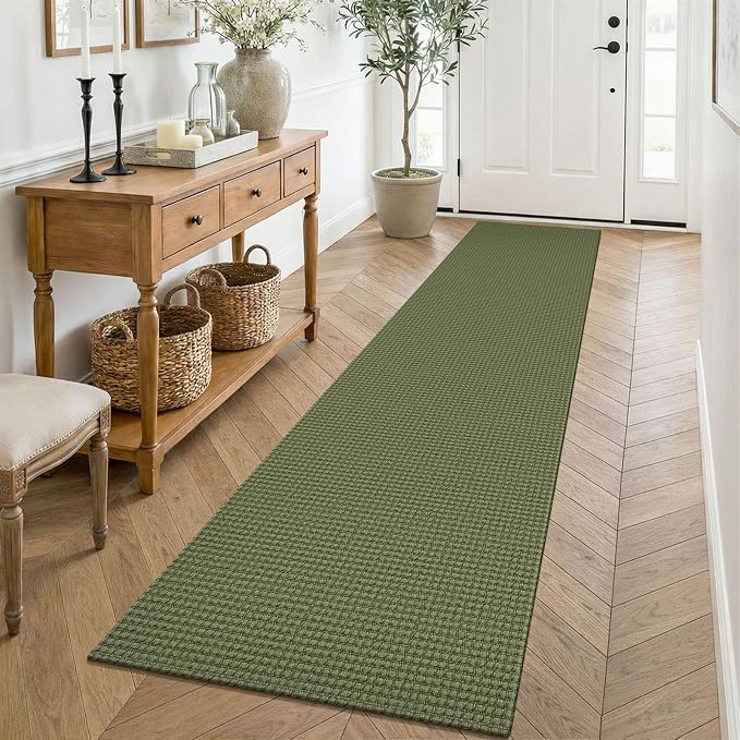 KOZYFLY Cotton Runners for Hallway 2x8, Washable Runner Rug, Woven Non Slip Kitchen Runner, Braided Entryway Rug, Floor Carpet for Foyer, Bedroom, Hall, Olive Green/Earthy Green