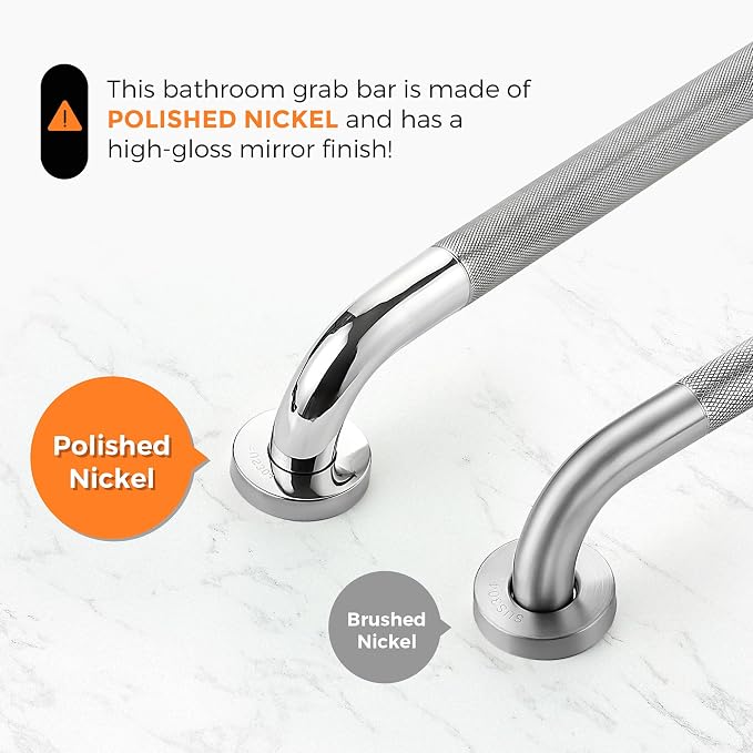 Grab Bars for Bathtubs and Showers- 1-1/4 x 16 Angled Shower Grab Bar for Seniors Knurled Stainless Steel Handicap Grab Bars for Wall, 15" Hole Center (Polished Nickel, 1 Pack)