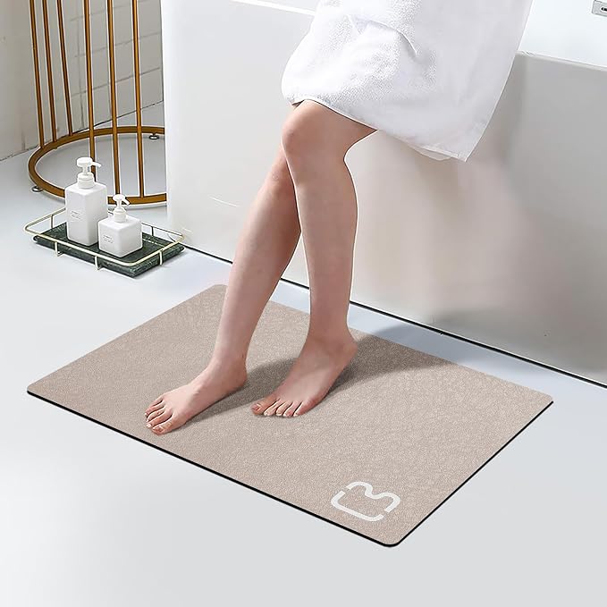RUERYA Diatomaceous Earth Bath Mat Super Absorbent Non Slip Fast Drying Shower Rug Stone Bath Mat for Bathroom Thin Bathroom Floor Mats Fit Under Door, Machine Washable, 15.7" x 23.6", Taupe