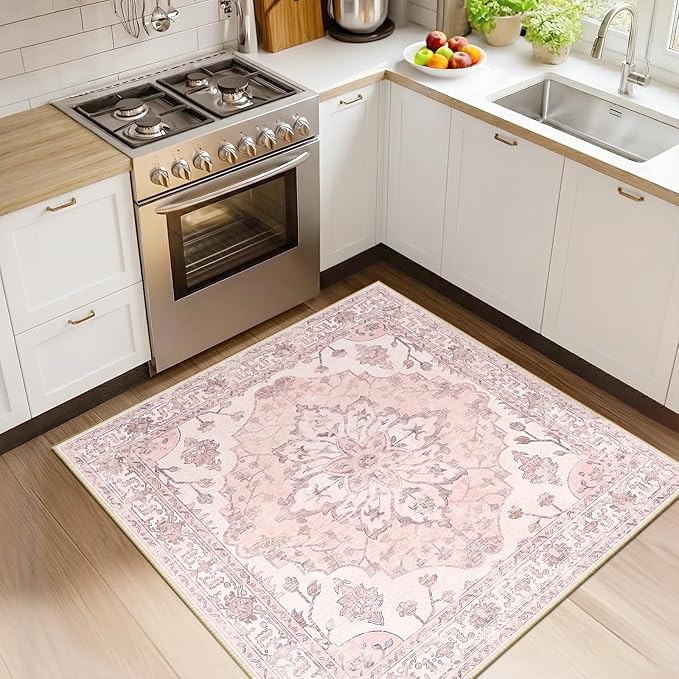 RELEANY Area Rugs Square 4ft Washable Non-Slip, Floral Vintage Distress Medallion Carpet for Living Room Bedroom Dining Room, Pink Greypink Cute