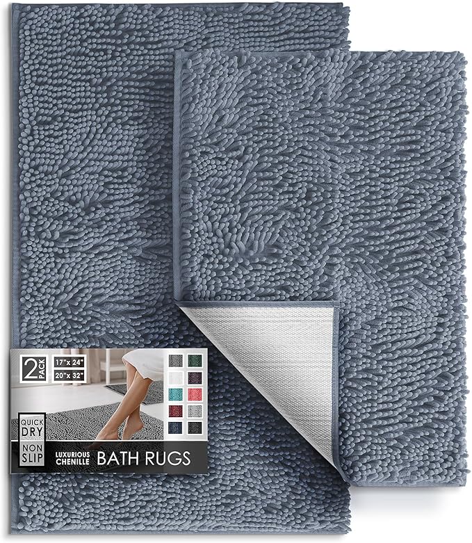 Hearth & Harbor Bathroom Rugs, Chenille Bath Mat - Machine Washable Bath Mats for Bathroom Non-Slip Backing Rubber, Quick Dry Bathroom Mat, 17 x 24 + 20 x 32 - Stone Blue
