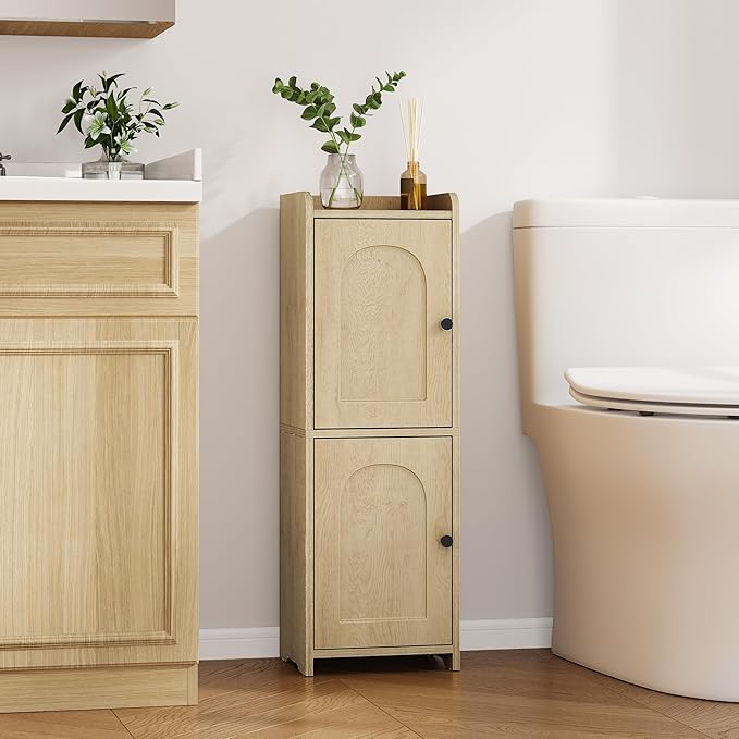 Hzuaneri Bathroom Storage Cabinet, Small Corner Floor Cabinet with 2 Doors and Adjustable Shelf, Narrow Toilet Paper Cabinets, Bathroom Organizer for Small Spaces, 7.9" D x 9.8" W x 29.5" H Yellow