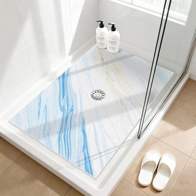 Shower Mat Non Slip: 24x36 Inch Large Shower mats for Inside Shower with Drain Hole in Middle, Super Soft PVC Loofah Massage Shower Floor Mat, Anti Slip Shower Stall Mat, Quick Drying