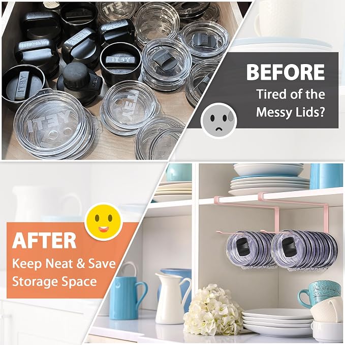 2 Pack Tumbler Lid Organizer, Horizontal Tumbler Lid Storage Hook to Hold Up 20 Lids, Space Saving Cup Lid Holders Under Cabinet Tumbler Lid Hook for Kitchen Organizer, Paper Towel Rack Hanger (Pink)