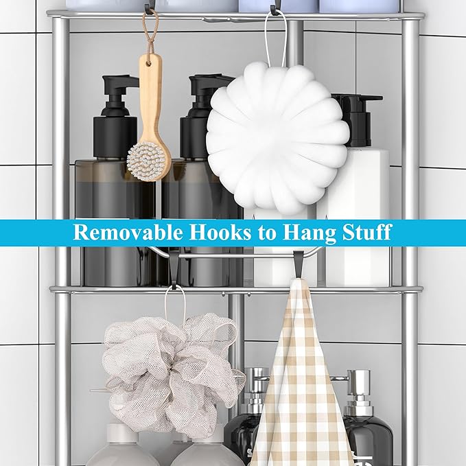 HuggieGems 5 Tier Floor Standing Corner Shower Caddy Organizer Shelf with Hooks, Bathroom Shelves Stand Rack, Gray