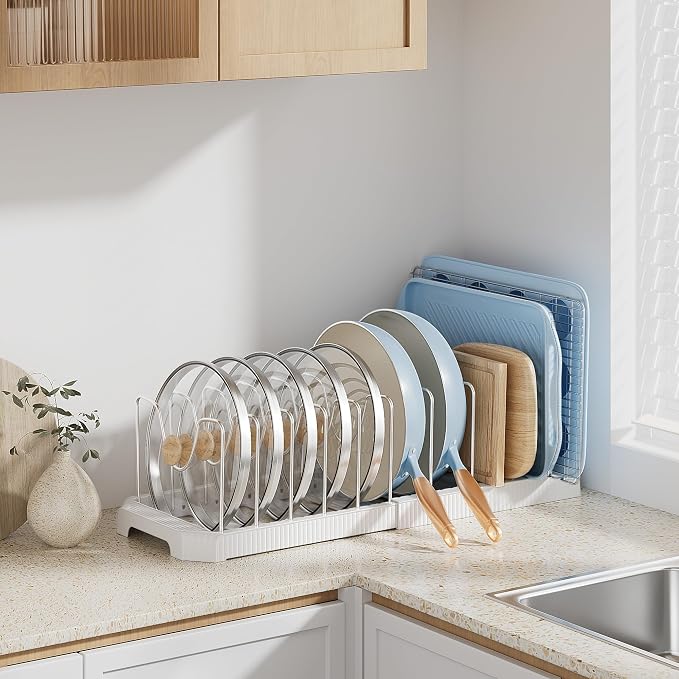 MUDEELA Pot Lid Organizer Rack for Cabinet, Expandable Pots and Pans Organizer under Cabinet with 12 Adjustable Dividers, Pan Organizers Holder inside Cabinet for Cutting Boards, Baking Sheets, White