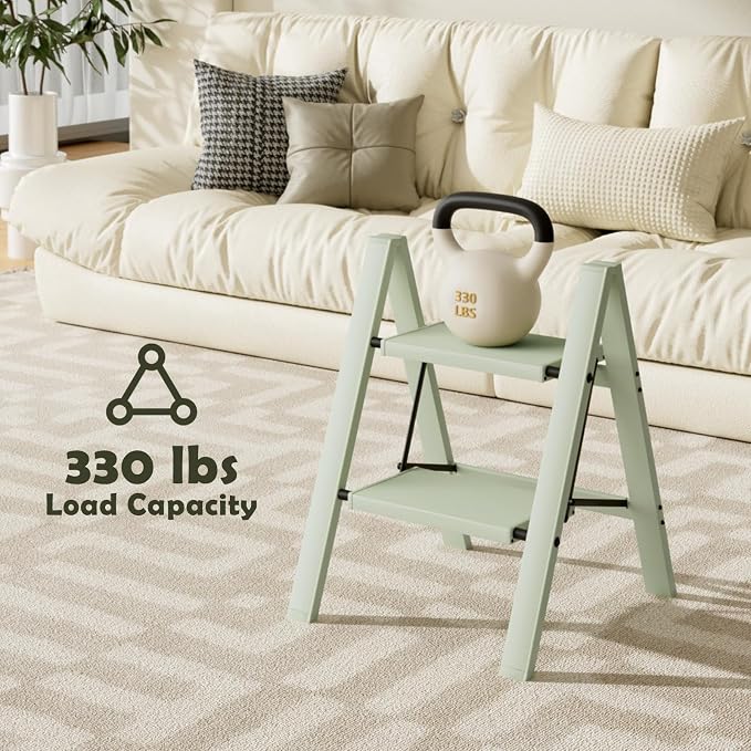 Taranta 2 Step Ladder,Aluminum Lightweight Folding 2 Step Stool with Anti-Slip Wide Pedal,330lbs Capacity Step Ladder for Household,Kitchen,Office - Fairyland Green