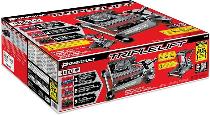 Powerbuilt 2 Ton Triple Lift Floor Jack, Works on Cars, Trucks, Motorcycles, ATV's, Transmissions, 4-3/4 to 17 in. Range, Wide and Stable, Locking Safety Bar - 620422E