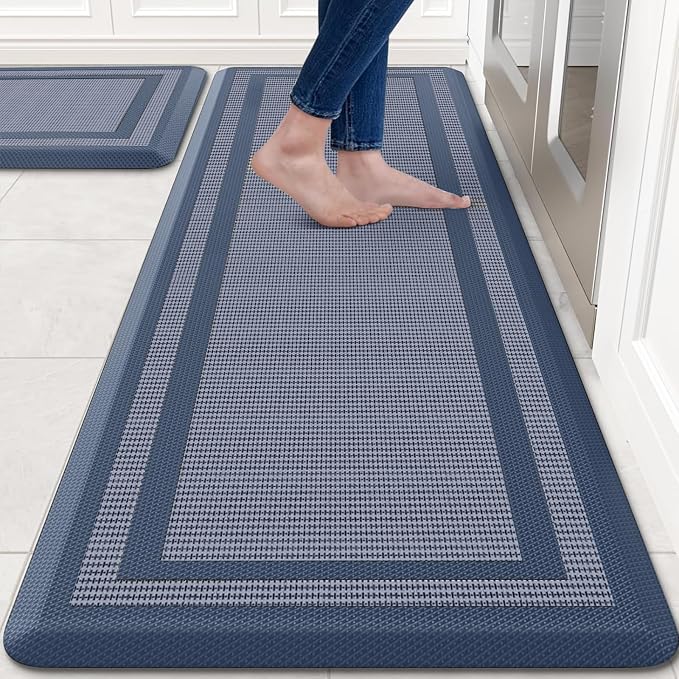 KitchenClouds [2 PCS Kitchen Rugs Cushioned Anti-Fatigue Kitchen Mats for Floor Waterproof Kitchen Rug Set Non-Slip Comfort Standing Mat for Office, Sink, Laundry 20"×30"+20"×60",Blue