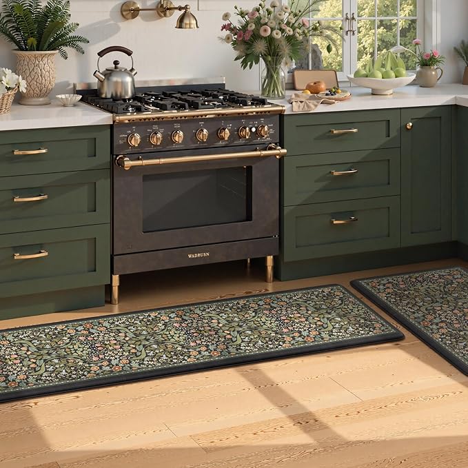 Collive Anti Fatigue Mats for Kitchen Floor, Cushioned Comfort Kitchen Rugs Sets of 2 Waterproof Non Skid Padded Sink Rugs, Boho Floral Rug Black Standing Mat for Office, Laundry