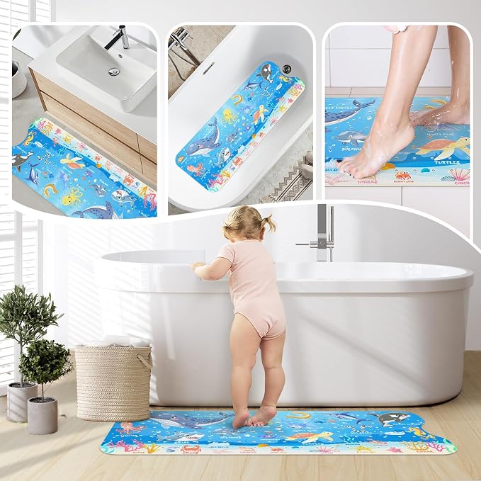 SHUCHING Ocean Animals Bath Mat for Tub Non Slip-40 X 16 Inch, Bathtub Mat Non Slip for Baby Kids, Toddler Long Shower Mat for Bathroom