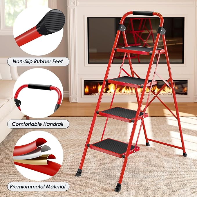 Urackify Step Ladder, 4 Step Ladder with Anti-Slip and Wide Pedal, Portable Foldable Step Stool with Handgrip, Sturdy Step Ladder for Home Kitchen Household, Red