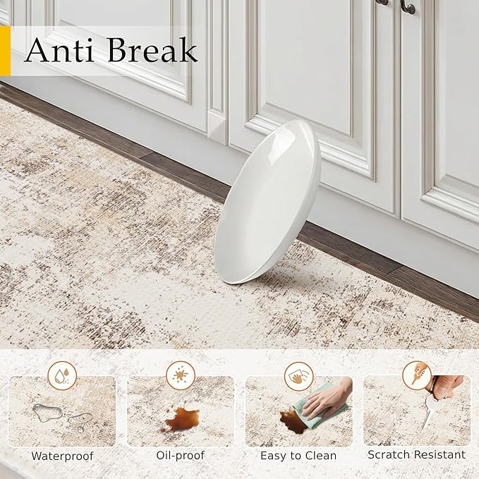 Kitchen Mats for Floor Set of 2 Anti Fatigue Waterproof Kitchen Rug Beige Grey Abstract Cushioned Non-Slip Kitchen Mats Comfort Standing Neutral Mat for Sink Laundry Office 17.3"×59"+17.3"×30"