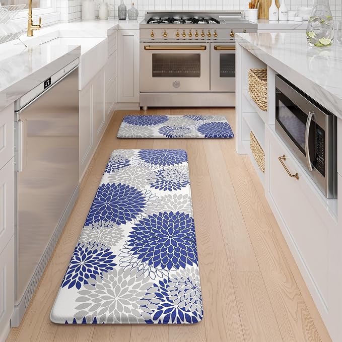 Anti Fatigue Kitchen Mats 2PCS,Boho Dahlia Kitchen Rugs Non Slip Rubber Backing, Farmhouse Waterproof Kitchen Mat for Floor,Cushioned Standing Mat for Kitchen,Laundry,Sink,Desk,Blue