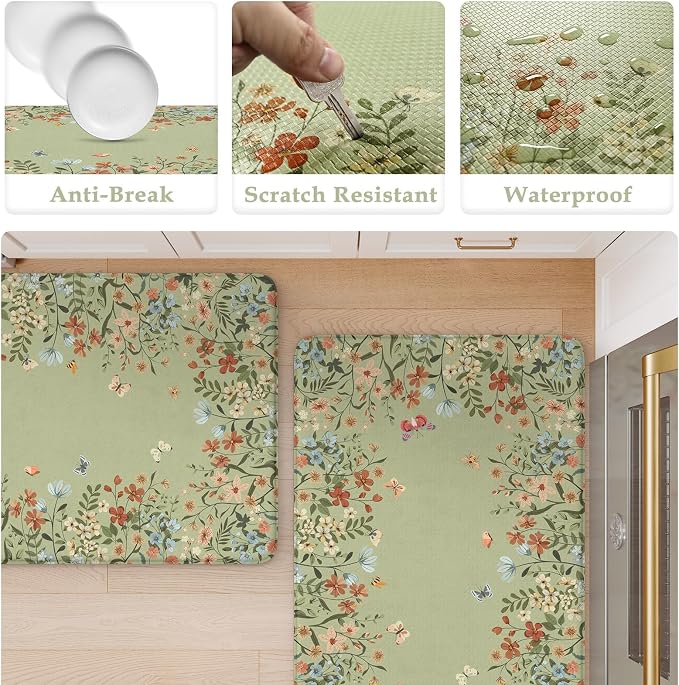 KIMODE Anti Fatigue Kitchen Mats 20"x59"+20"x32", Farmhouse Kitchen Rugs Sets of 2, Cushioned Non Skid Kitchen Mats for Floor, Comfort Kitchen Floor Mats for Sink Laundry Desk Sage Green