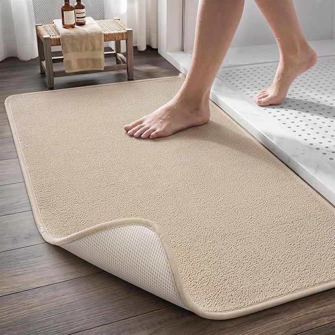 MontVoo Quick Dry Bath Mat 24"x35", Super Absorbent Bathroom Rug, 3D Honeycomb Mesh Base Non Slip Bath Mats for Bathroom, Machine Washable Low Pile Bath Rug for Bathtub Front, Shower, Sink, Beige