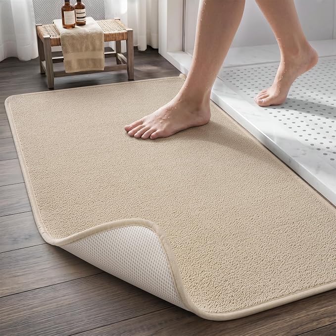 MontVoo Quick Dry Bath Mat, Super Absorbent Bathroom Rug, 3D Honeycomb Mesh Base Non Slip Bath Mats for Bathroom, Machine Washable Low Pile Bath Rug for Bathtub Front, Shower, Sink, Beige 17"x24"