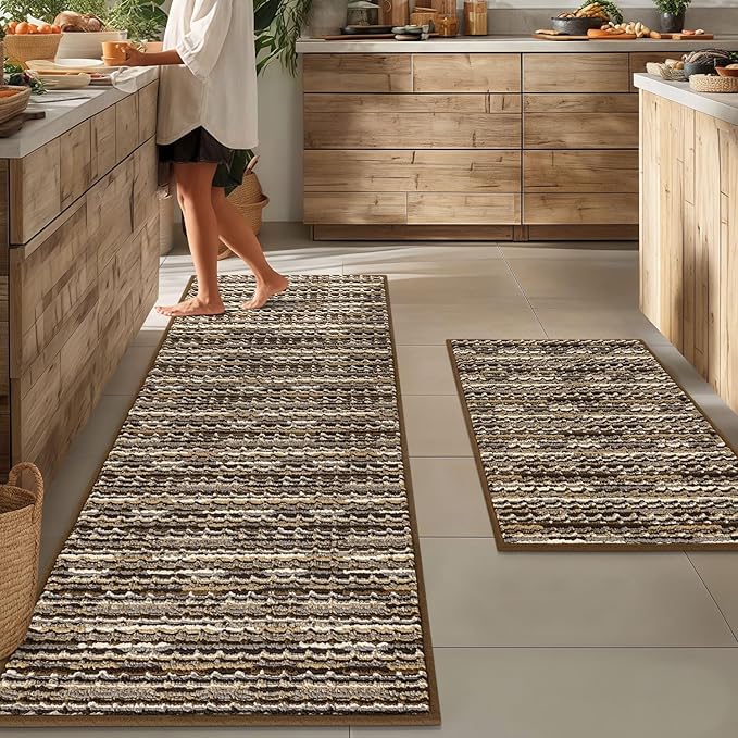 Kitchen Rugs Sets of 2-Non Slip Kitchen Mats for Floor-Thick Stain Resistant Vintage Kitchen Floor Mat Runner Carpet for Hallways Entryway Laundry Room Washable（Brown 22"x59"+20"x32"）