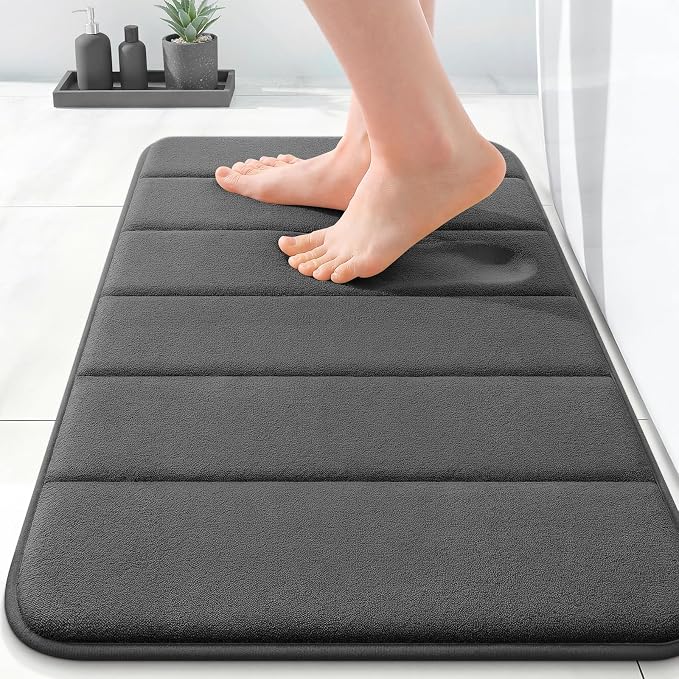 OLANLY Memory Foam Bath Mat 35x16, Super Soft Absorbent Bathroom Rugs, Quick Dry, Machine Washable Shower Floor Rugs, Bathmat Carpet, Bathroom Home Decor Accessories, Black