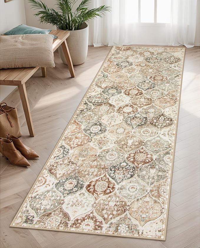 Lahome Moroccan Trellis Hallway Runner Rug, 2x6 Kitchen Runner Rugs Non Skid Washable, Vintage Laundry Room Rug Ultra-Thin Long Carpet for Bathroom Bedroom Entryway Elise, Khaki