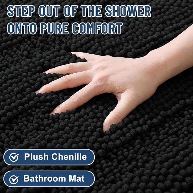 Grandaily Chenille Striped Bathroom Rugs 47x24, Extra Thick and Soft Absorbent Bath Mats, Rubber Backing, Plush Shaggy Shower Carpet, Machine Wash Dry, Bath Rug for Bathroom, Deep Black
