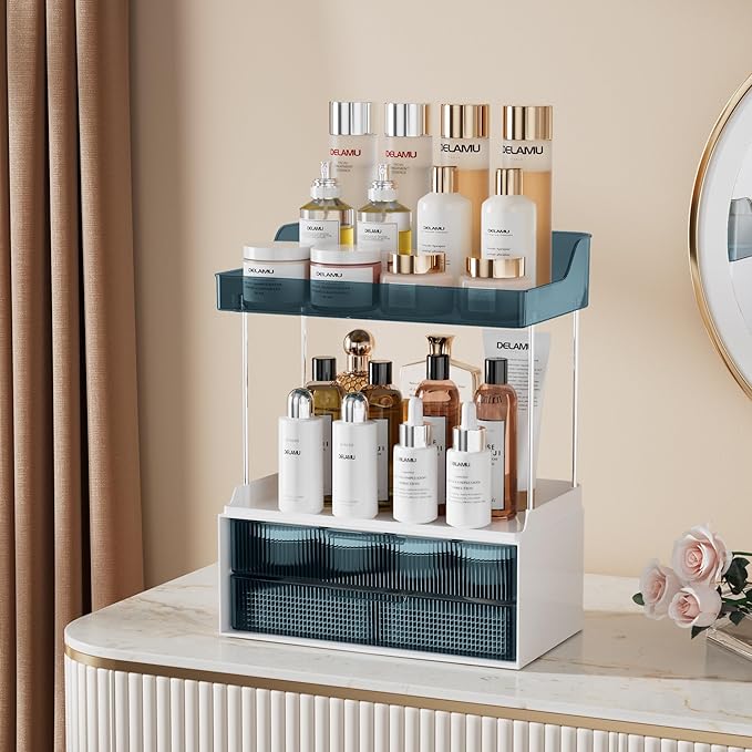Delamu Bathroom Organizers and Storage, 2 Tier 2 Drawer Makeup Organizer Countertop, Easy to Install, Ideal for Bathroom Counter, Vanity, Blue