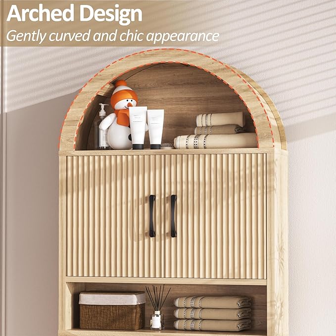 Spurgehom Over The Toilet Storage Cabinet, Bathroom Shelf Organizer Freestanding, Bathroom Arch Cabinet Over Toilet with Toilet Paper Holder and Anti-Tipping Device (Narrow Style-Wood)