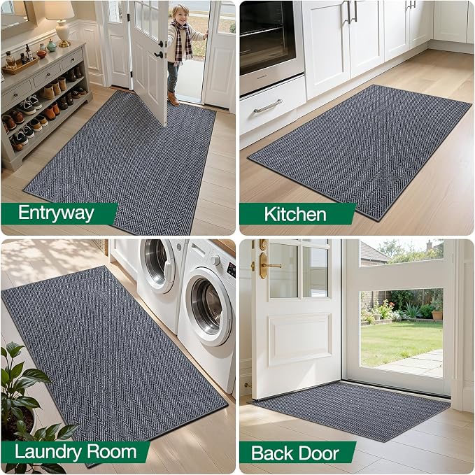 LUMI Ultra Thin Indoor Door Mat for Entrance 48"x72", Non Slip Entryway Mat, Low Profile Doormat, Unique Herringbone Design Carpet for Inside, Patio, Porch, Navy Gray