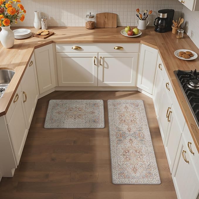 GENIMO Kitchen Mats for Floor, 2PCS Kitchen Rugs Non Slip Washable, Waterproof Anti Fatigue Mat, Comfort Standing Runner Rug for Sink, Office, Laundry, Home, 17.3"x47"+17.3"x30", Orange&Brown