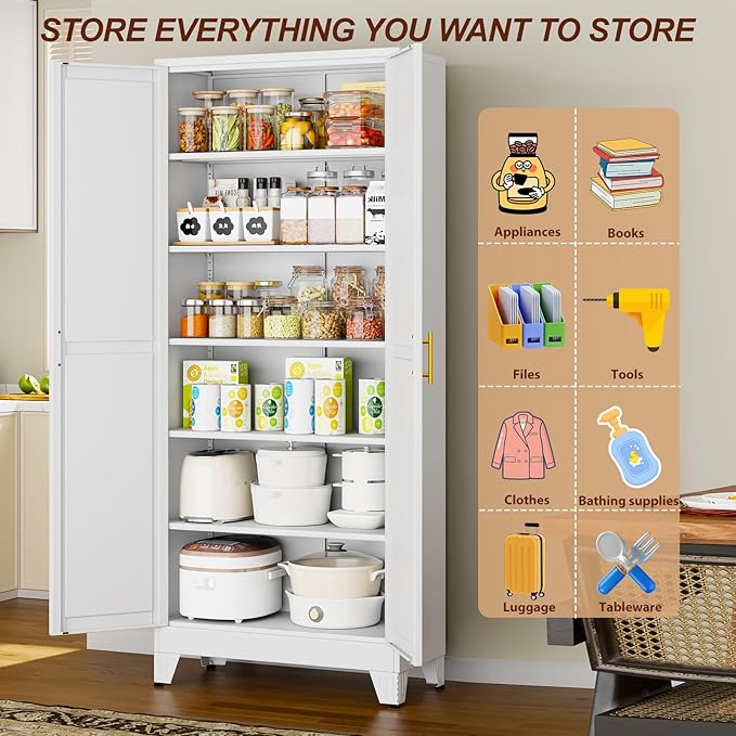 75" White Metal Garage Storage Cabinet with 2 Doors and 5 Adjustable Shelves,Kitchen Pantry Cabinet,File Cabinet,Steel Tool Cabinet for Home,Office,Garage,School,Warehouse