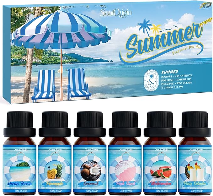 Soulorigin Summer Essential Oils Set, Fragrance Oil Gift Set for Oil Diffusers, Scented Oils for Soap Candle Making 6x10ml - Sea Breeze, Pineapple, Watermelon, Coconut, Pink Beach, and Pina Colada