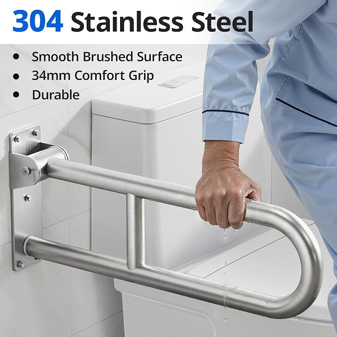 Toilet Grab Bar, Bathroom Safety Handrail Wall Mounted, 304 Stainless Steel Flip Up Folding Support Rail for Elderly Seniors and Handicap Assistance (24 Inch)