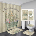 Nkzply 4 Pcs Green Floral Shower Curtain Set Vintage Flowers Leaves Bathroom Sets with Shower Curtain and Rugs Rustic Plant Farmhouse Bathroom Decor Country Bathtub Bathroom Rugs Toilet Lid Cover