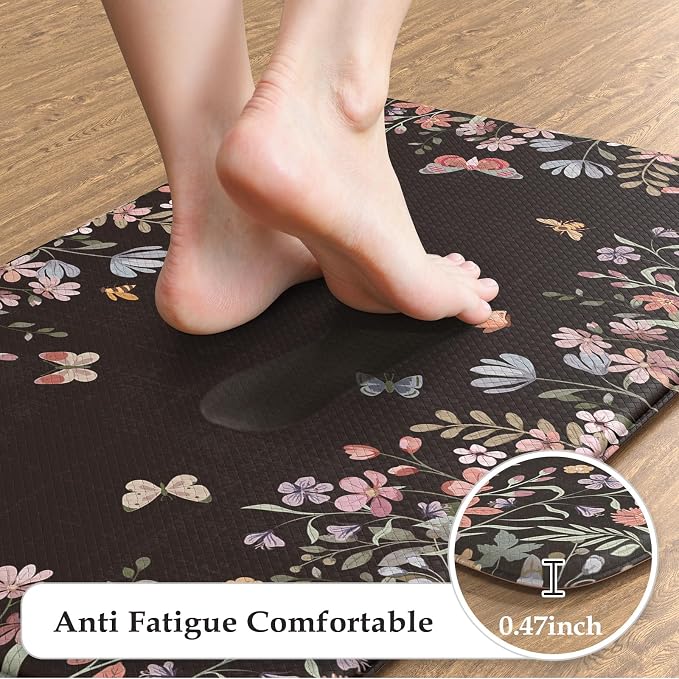 KIMODE Anti Fatigue Kitchen Mats for Floor, Farmhouse Black Kitchen Rugs Sets of 2, Summer Cushioned Kitchen Floor Mats, Comfort Standing Mats for Sink Laundry Office Desk 17"x47"+17"x29"