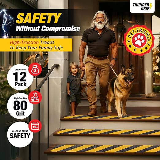 Black and Yellow Non Slip Strips for Steps 30" x 8" 12-Pack Outdoor Stair Treads - Waterproof Anti Slip Grip Tape for Safety Walk - Strong Adhesive Caution Tape for Floor and Ramps by Thunder Grip