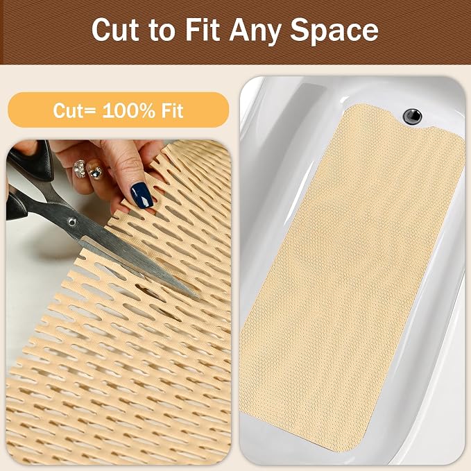 Bathroom Non Slip Shower Mat, Khaki 58x32 Inch Bathtub Mat, Non Slip Bathroom Mat for Elderly and Kids, Easy to Dry, Fast-Dry Drainage Hole, Easy to Prune