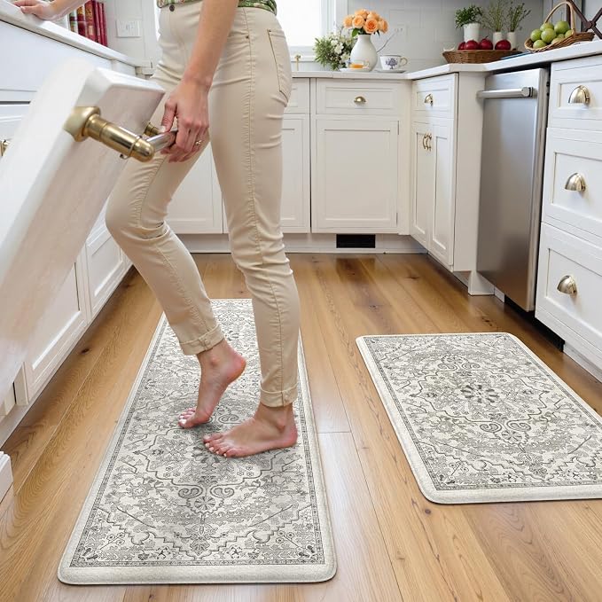 KIMODE Kitchen Mats Cushioned Anti Fatigue, 20"x47"+20"x32" Farmhouse Kitchen Rugs Sets of 2, Non Slip Kitchen Mats for Floor, Padded Kitchen Floor Mats for Sink, Laundry, Desk Grey