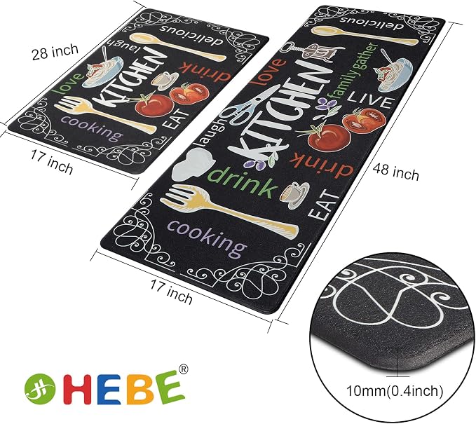 HEBE Kitchen Rugs Set of 2, Cushioned Anti Fatigue Kitchen Mats for Floor, Non Slip Waterproof Comfort Standing Desk Mat Carpet for Sink, Stove, Laundry Room, Colorful
