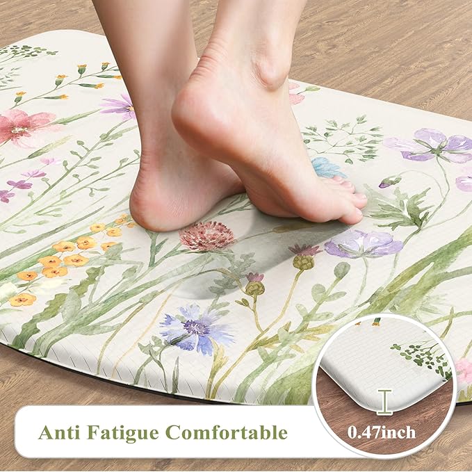 KIMODE Anti Fatigue Mat for Kitchen Floor, 18"x28" Half Circle Memory Foam Kitchen Floor Mats Cushioned Non Slip, Comfort Standing Mats, Boho White Kitchen Rug for Sink Laundry Office Desk