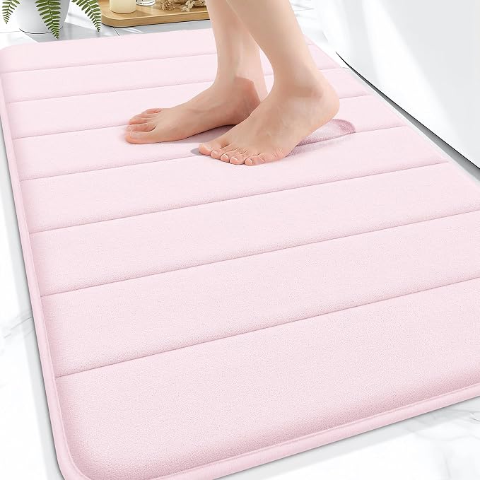 OLANLY Memory Foam Bath Mat 34x21, Super Soft Absorbent Bathroom Rugs, Quick Dry, Machine Washable Shower Floor Rugs, Bathmat Carpet, Bathroom Home Decor Accessories, Pink