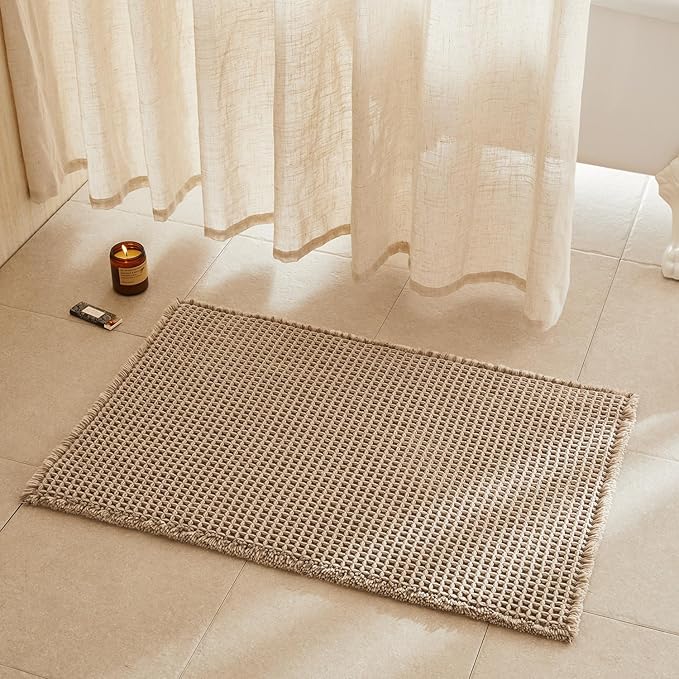 TYUU Waffle Bath Mat, Boho Bathroom Rugs Non Slip Washable Super Absorbent Quick Dry Bath Mat Farmhouse Bathroom Decor, 36"x24" Beige