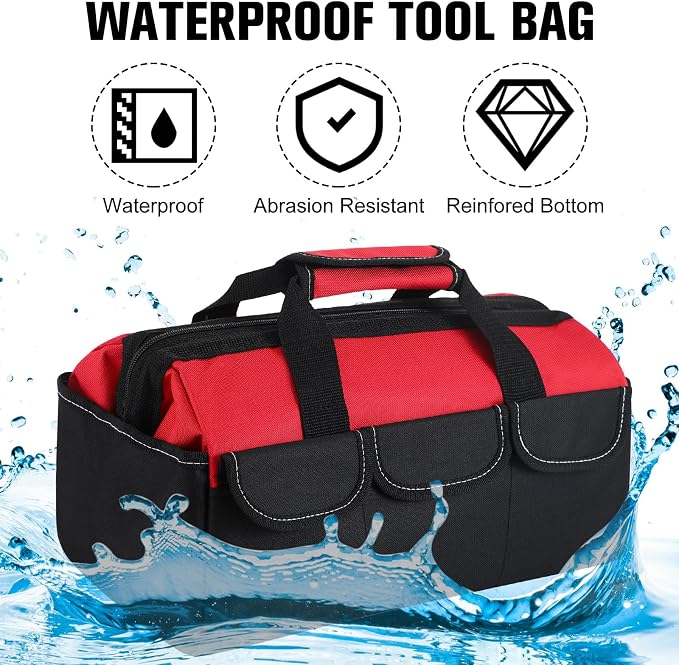 Sanwuta 3 Pack Tool Bag for Men with Waterproof Hard Bottom, Heavy Duty Tool Bag Wide Mouth Tote for Various Instrument, Electrician Carpenter Mechanic (Blue, Red, Yellow,16 Inch,Side Pockets)
