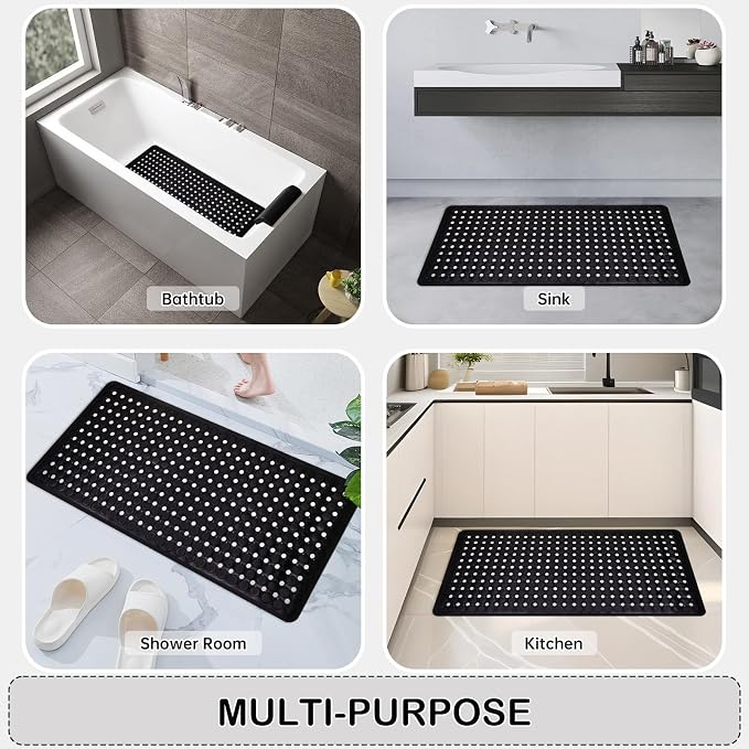 Non-Slip Bathtub and Shower Mats, Power Grip Bath Mat 35 x 16.3 Inch with Suction Cups and Drain Holes for Tub Bathroom Floor Safety, Machine Washable Soft Bathmat, Black