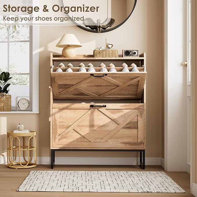 Nicetree Shoe Cabinet with 2 Flip Drawers，Freestanding Shoe Storage Cabinet, Narrow Shoe Organizer Cabinet, Farmhouse Slim Shoe Rack Cabinet for Entryway, Oak with Hook