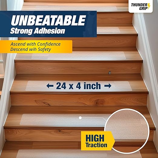 Clear Stair Treads Non-Slip 24"x4" - 18-Pack Indoor Stair Grips Non Slip for Wooden Steps - Anti Slip Adhesive Strips for Dogs & Elderly - Staircase Step Treads - Transparent Treads for Wood Stairs