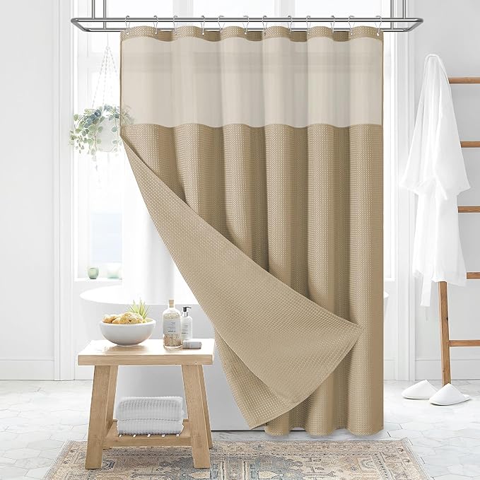 Dynamene Fabric Shower Curtain with Snap in Liner, Beige Waffle Hotel Shower Curtains for Bathroom, Washable Waterproof Cloth Shower Curtain Liner Set with Plastic Hook, Mesh Top Window, 72x72, Beige
