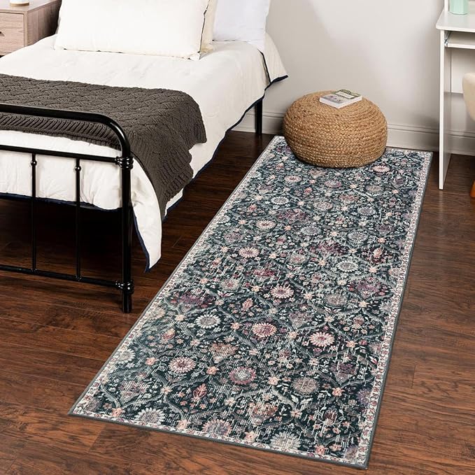 Lahome Moroccan Trellis Washable Runner Rug, 2x6 Kitchen Runners for Hallways 6 Feet Non Slip, Vintage Laundry Room Rug Ultra-Thin Carpet for Bathroom Bedroom Entryway Elise, Black/Multi