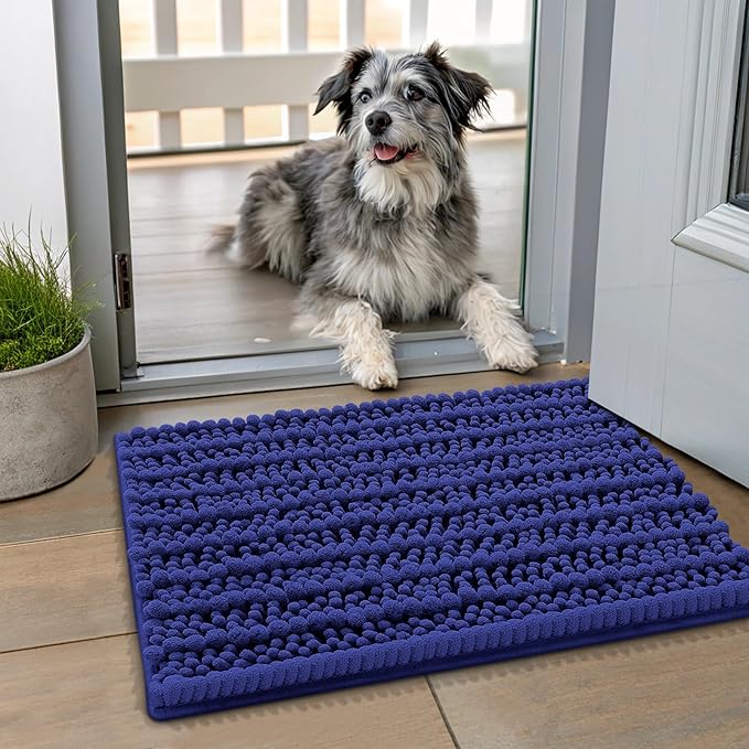 Smiry Dog Door Mat for Muddy Paws 24x16, Absorbent Dirt Trapper, Non-Slip Washable Chenille Entryway Rug for Inside Floor, Navy Blue, Layered Pattern